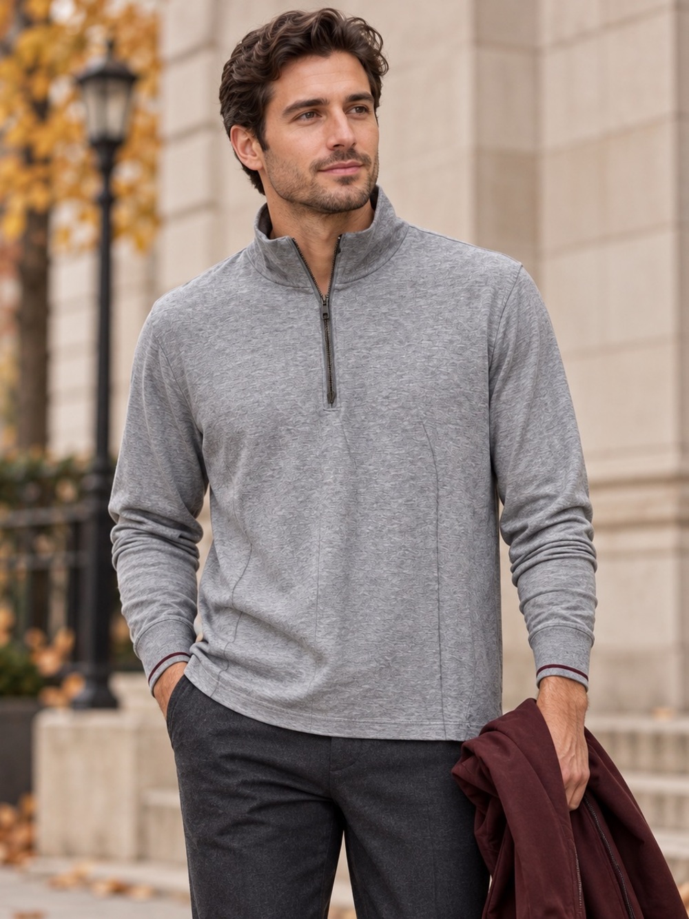 Men's Grey Quarter-Zip Sweater - Classic Lightweight Knit